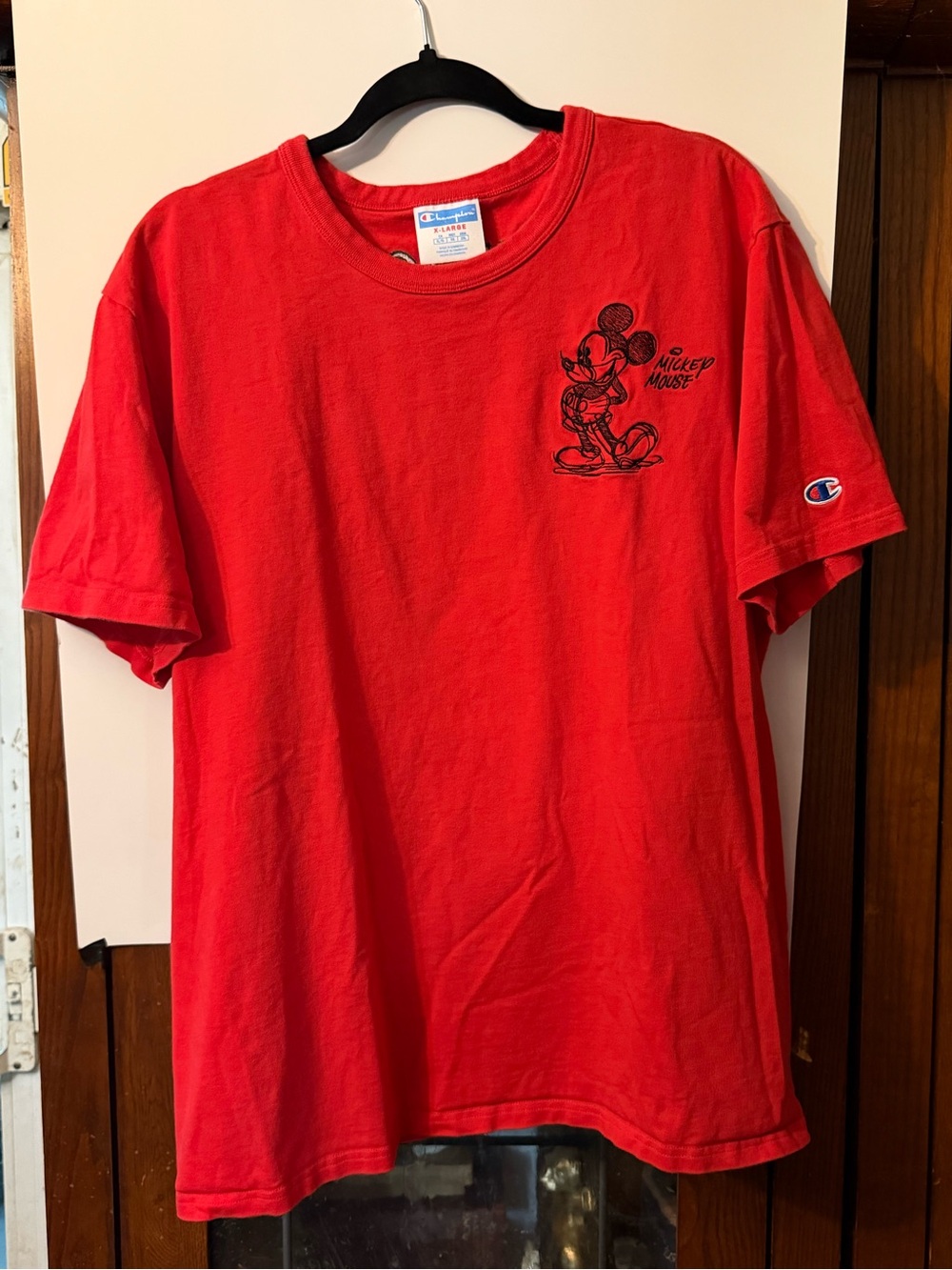 Champion Red Short Sleeve Tee with Black Mickey Graphic